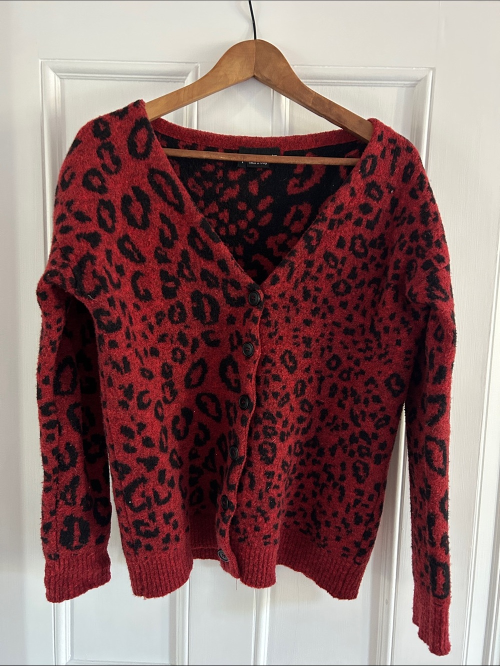 The Kooples Red and Black Leopard-Print Button Cardigan